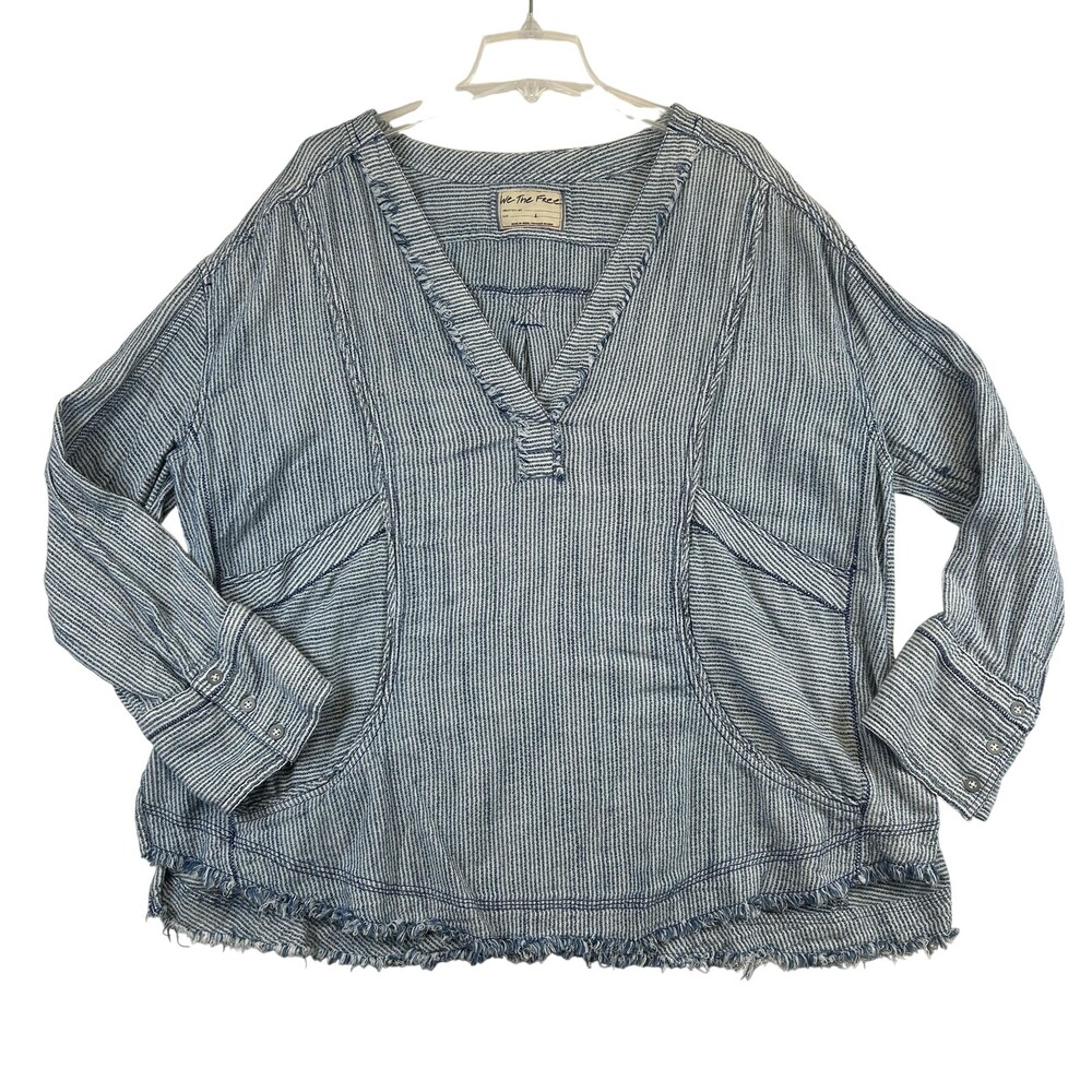 We The Free Shirt Womens Large By The Shore Blue Stripe Tunic Fringe Hem Pockets